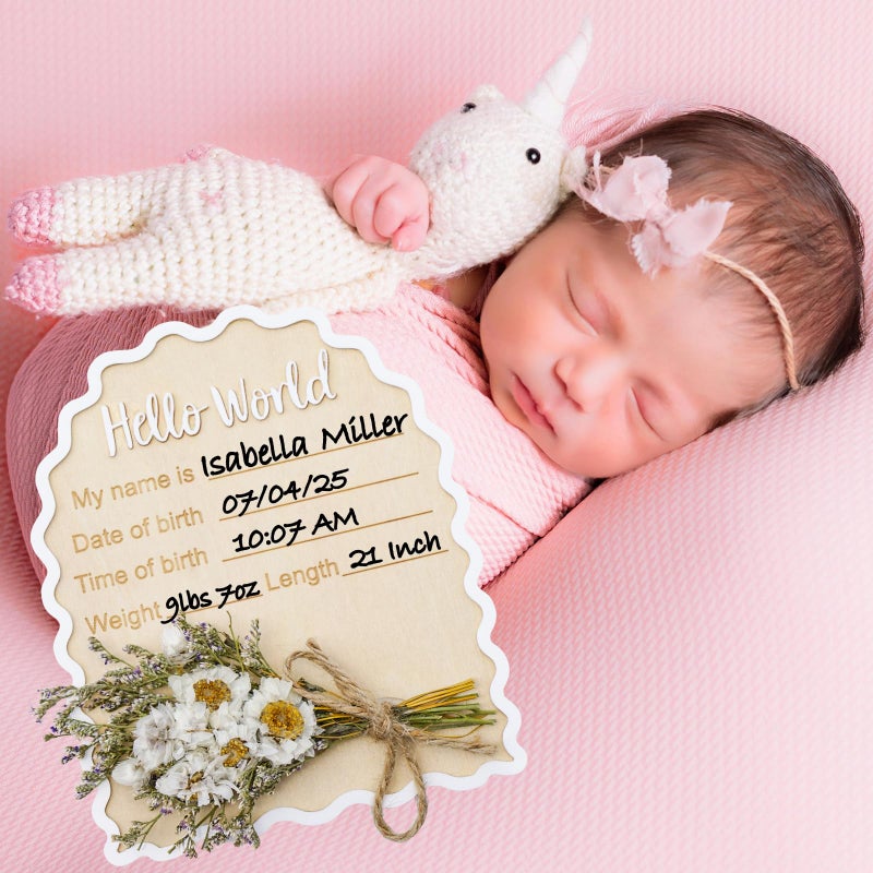 Wonhibo Daisy Newborn Announcement Sign - Baby Hospital Photo Prop Wooden Board Card with Real Pressed Flowers Hello World - Image 3